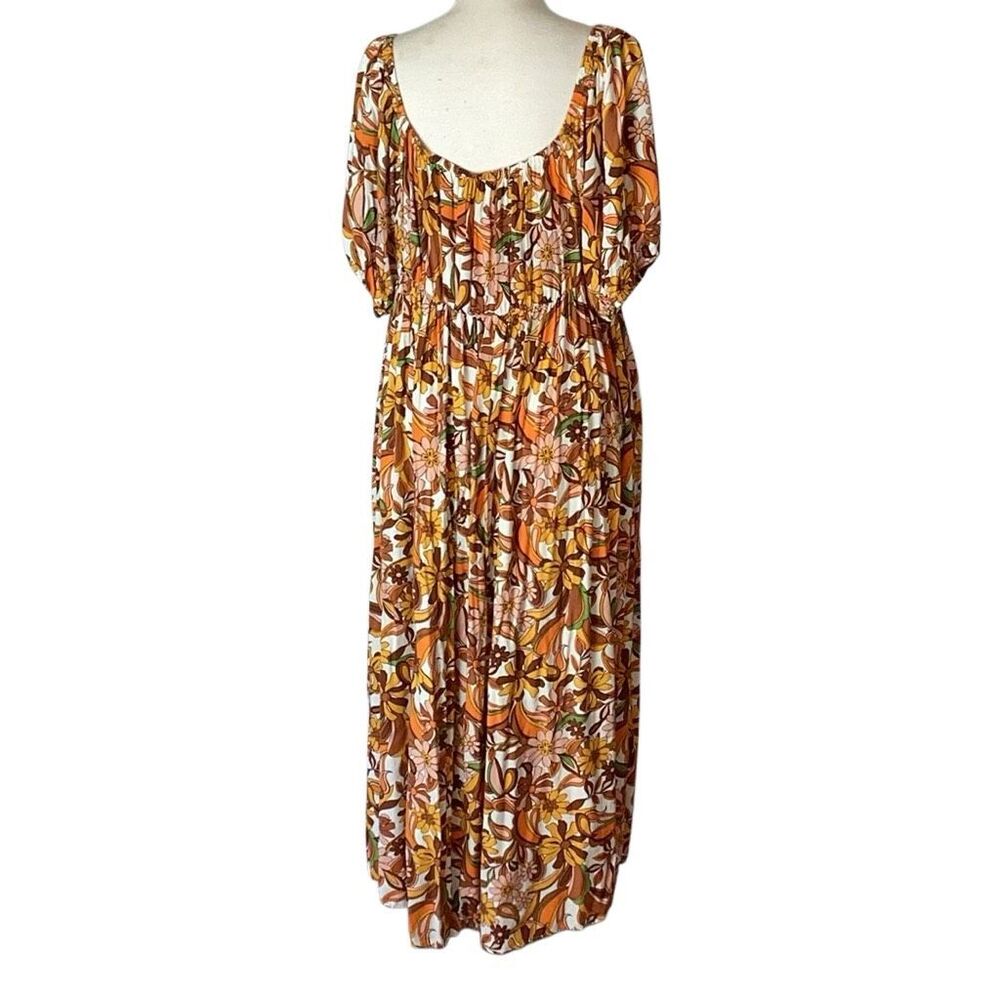 ELOQUII Sz 18 Retro Floral Tie Front Puff Sleeve Maxi Dress 70s Boho - Picture 4 of 10
